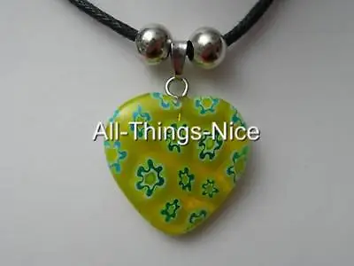 MILLEFIORI Murano Flower Glass 20mm HEART Yellow Lime Pendant Necklace Jewellery • £2