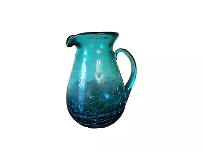 Vintage BLUE TEAL Glass Pitcher Or Vase / Handblown Handmade Crackle Glass / 4  • $14.99