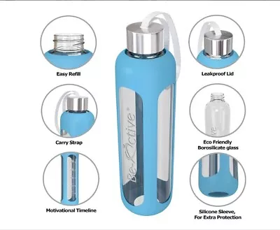 £12.99 • Buy Be-Active Glass Water Bottle With Time To Drink Borosilicate Glass 1L - Blue