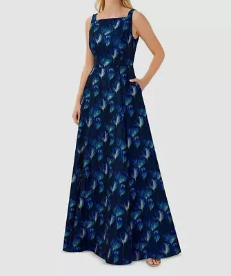 $550 Aidan Mattox Women's Blue Floral Square Neck Jacquard Gown Dress Size US 12 • $175.98