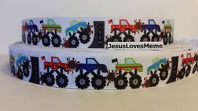 Grosgrain Ribbon Monster Trucks With Mud Splats Jacked Up Trucks 7/8  Wide • $1.25