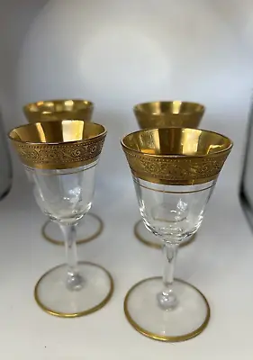 Moser Or Minton Tiffin Optic Small Wine Glasses Clear Crystal Gold Band Set Of 4 • $42.08