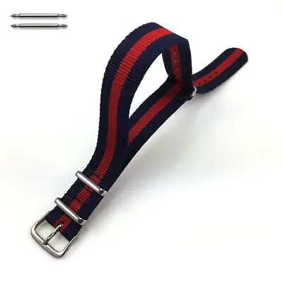 Red And Navy Stripes One Piece Slip Through Nylon Watch Band Strap SS Buckle #07 • $9.95
