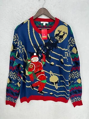 Ugly Christmas Sweater Mens XL Astronaut Moon Walk Space Santa Funny 3D Bells • $29.99