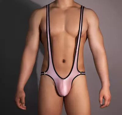 Mens Medium Pink Black Clip Side Singlet Wrestling Nylon Spandex Bodysuit Gay UK • £10.95