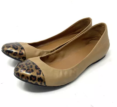 J CREW Women’s Tan Brown Leather Ballet Flats Leopard Cap Toe Size 9.5 • $24.18