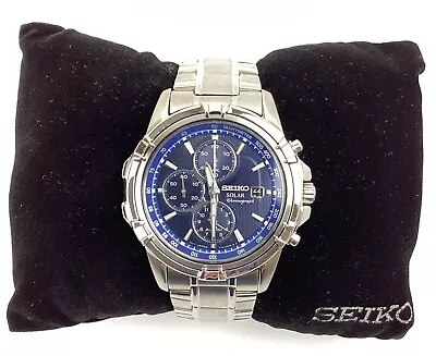 SEIKO SSC141 Men's Stainless Steel Blue Dial W/ Solar Chronograph Watch • $130