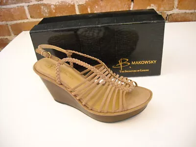 B Makowsky Willow Tan Brown Leather Braided Wedge Sandals New • $19.95