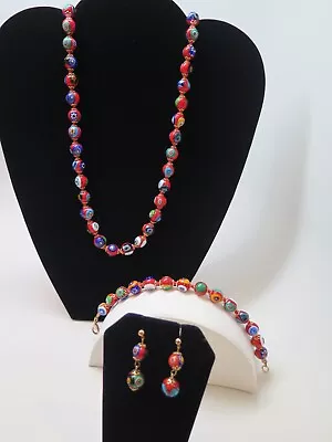 RED Italian SET Millefiori Necklace Bracelet Earrings Art Glass Venetian Beads • $156.19