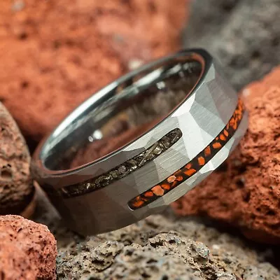 Red Dinosaur Bone & Meteorite Hammered Silver Tungsten Mens Wedding Ring 8mm • $149.99