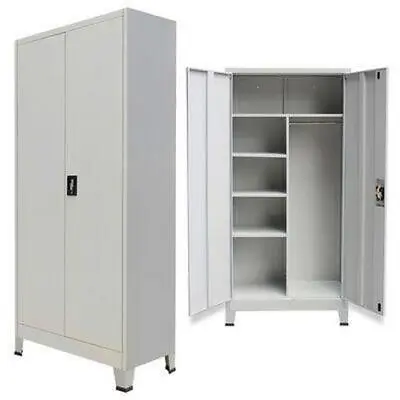 Metal Cabinet 2 Door Storage Office Cupboard Tool Shelves Tall Steel Garage Grey • £218.95