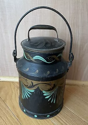 Vintage Black Gold & Green 12” Milk Can (6.5” Width) Painted With Lid & Handle • $18.95