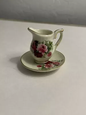 Vintage Style Miniature Porcelain Roses Pitcher With Plate Atomic Star 2  Tall • $12.50