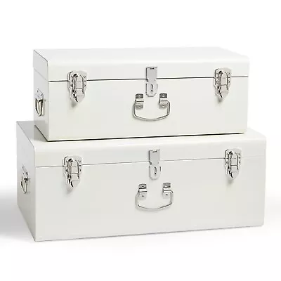 BTFY Storage Trunks Chest Set Of 2 Cream & Silver Metal Box Lockable Organiser • £79.99