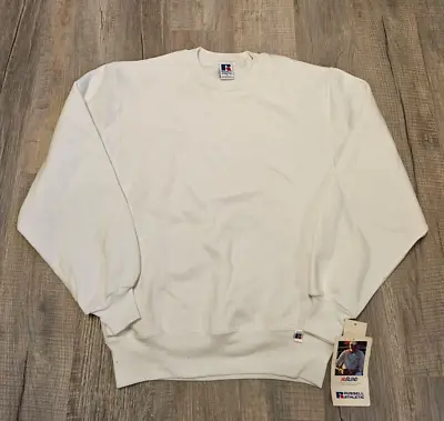 Deadstock Vtg 90s Cream/Off White Russell Athletic Crewneck Blank USA Made Small • $29.97