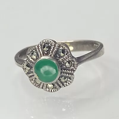 Vintage Sterling Silver 925 Round Marcasite & Green Agate Halo Cluster Ring  • $15