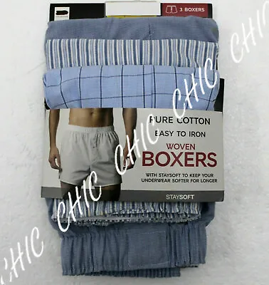 Ex M & S Mens 3 Pack Pure Cotton Woven Boxers Underwear Button Fly Light Blue • £11.95