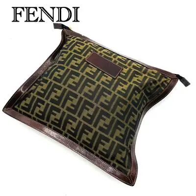 Fendi FF Clutch Bag Zucca Logo Canvas Leather Dark Brown Vintage Handbag Pouch • $179