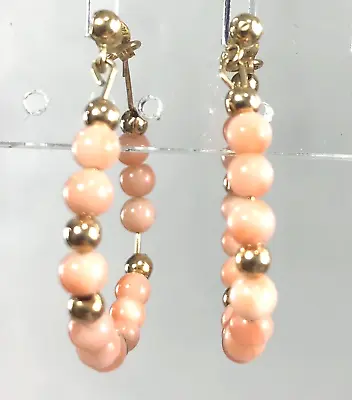 14K Gold Earrings Hoop Angel Skin Coral Bead - Vintage • $50