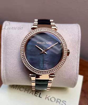 Michael Kors Parker Rose Gold Tone Black Acrylic Bracelet Ladies Watch MK6414 • $112.04
