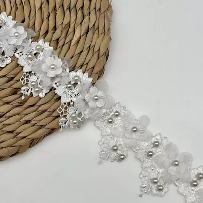 1 Yard 5CM 3D Flower Pearl Beads Lace Trim Ribbon Wedding Dress DIY Sewing Craft • £4.56