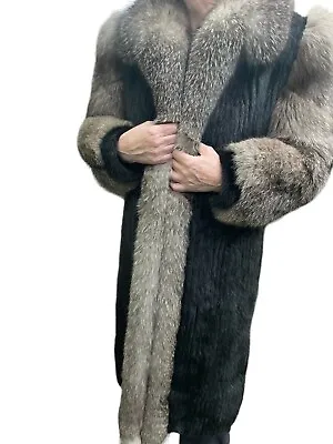 Black Mink And Silver Fox Trim Fur Coat Size M Black Mink Cuffs Pockets • $398.54