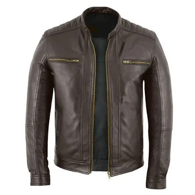 Men’s Vintage Cafe Racer Brown Motorcycle Real Biker Leather Jacket • $120.24