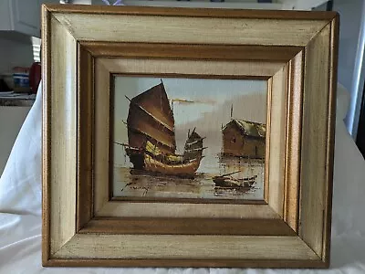 Vtg P Wong Oil On Canvas Painting Chinese Junk Boats Signed Wood Frame • $14.95