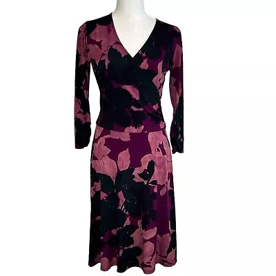 Cabi Mauve Purple Floral Shadow Faux Wrap Jersey Dress Stretchy V-Neck Small 837 • $34.99