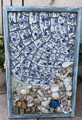 Large Mosaic Mixed Media Art~blue & White Seashells Petrified Wood Coastal • $170