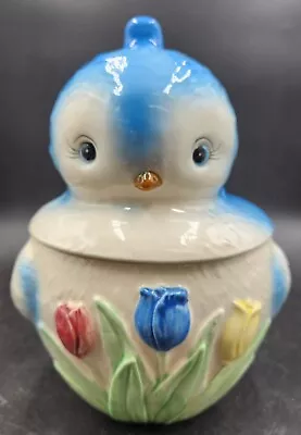Vintage Bluebird Cookie Jar Anthropomorphic Blue Bird Tulip Flowers Japan Kitsch • $149.99