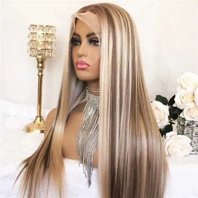 Long Straight Synthetic Wig Mixed Brown Blonde Color Highlight Lace Front Wigs  • $41.51