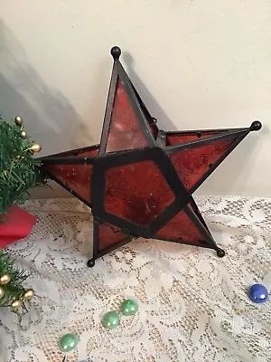 RED STAINED GLASS & METAL STAR LANTERN TEA LIGHT CANDLE HOLDER Home Decor • $32