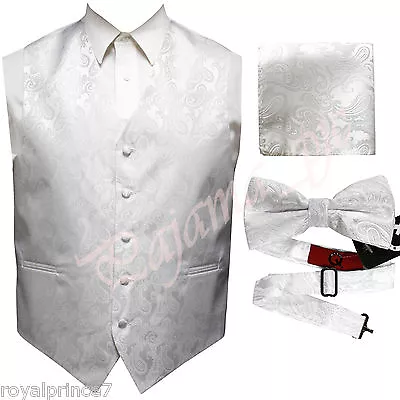 WHITE XS To 6XL Paisley Tuxedo Suit Dress Vest Waistcoat & Bow Tie Hanky  • $26.34