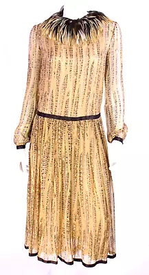 CHANEL Vintage Honey Brown Abstract Chiffon Feather Collar Maxi Dress 36 • $1198