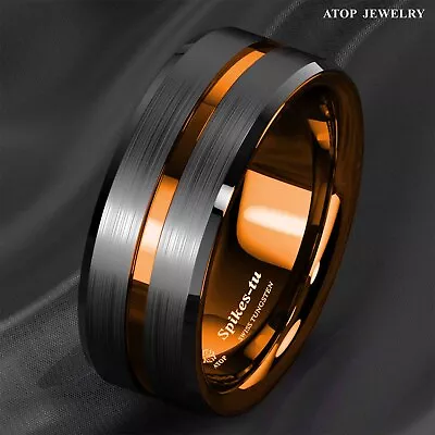 ATOP 8mm Black Tungsten Carbide Thin Orange Line Wedding Band Ring Men’s Jewelry • $14.99