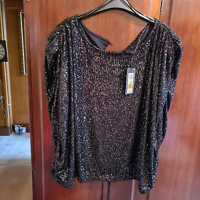 Great Marks And Spencer Black Sequin Top Shoulder Pads Drawstring Hem Size 24£39 • £6.50