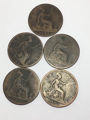 £2.29 • Buy Queen Victoria 1d Penny 1887,89,90,91,92 Copper 5 Old Coins Getting Rare