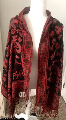 Vtg 27X70 PASHMINA Cashmere  Wool Look BLACK RED Shawl SCARF Challis Fringe FLAW • $17.95