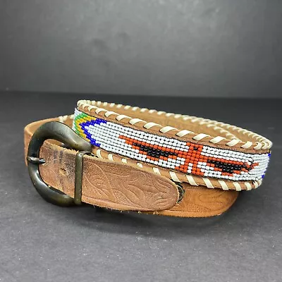 100% Leather Cowboy Cowgirl Belt Hand Tooled Beaded Western Belt Cinto Vaquero • $26.99