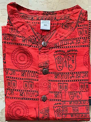 Om ॐ Half Short Sleeve Grandad Red Kurta Shirt Men's Collarless Yoga • £14.49