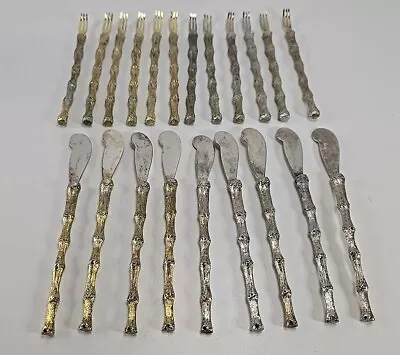 Vtg Gold/Silver Tone Bamboo Shape Appetizer Seafood Forks & Spreaders Hong Kong • $19.99