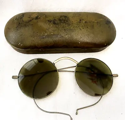 $1.25 • Buy Vintage Silver Tone  WILLSON LENNON LOOKING Green Sunglasses With WILLSON Case