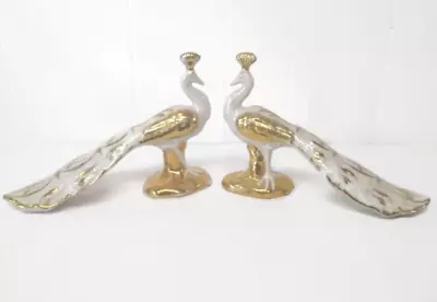$37.49 • Buy VTG Holland Mold Ceramic Peacocks Irridescent White With Gold Paint Accents