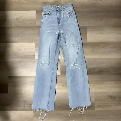 Zara The 90s Full Length Jeans Light Wash Distress Flare Hi Rise Raw Hem 2 X 33 • $19.95