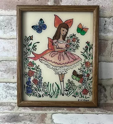 Vintage Foil Art Framed Drawing Brunette Fairy Princess Butterfly Flowers 9x11 • $15