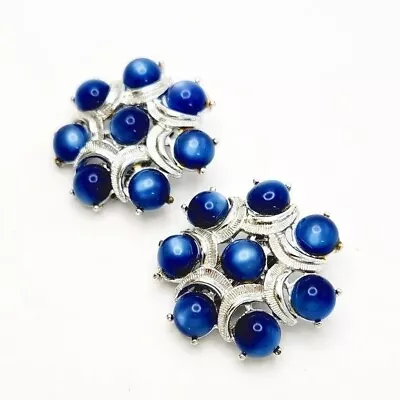 Vintage Blue Moonglow Glass Round Floral Silver Tone Large Clip On Earrings • $23