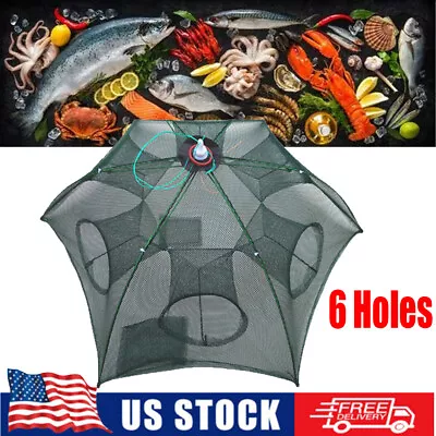 Foldable 6 Holes Fishing Trap Net Fishing Mesh Trap For Smelt Eels Crab Lobster • $9.29