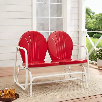 Retro Red Outdoor Steel Glider Loveseat Seating Bench Garden Chair 2 Person • $220.50