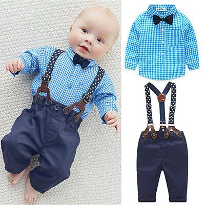 Baby Boy Plaid Shirt Romper Suit Wedding Formal Party Smart Outfit Trousers • £11.88